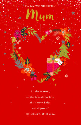 Mum Christmas Card Heart Wreath And Gift Magic Love Memories