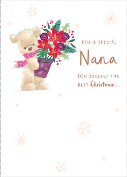 Nana Christmas Card - Fluffy Bear With Bouquet & Deserve