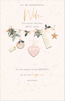 Wife Christmas Card - Bauble Heart Star Hanging & Happiness We Share