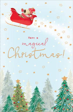General Christmas Card - Stuffed dog On Sleigh & Magical