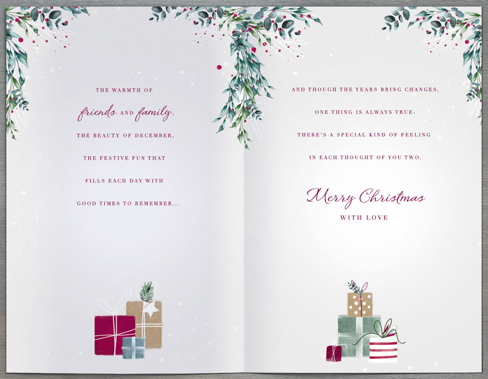 Both Of You  Christmas Card - Silver Door Decorated With Gifts And Tree & Each Thought Of You Too