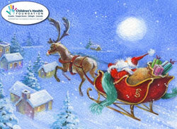 Charity Christmas Card (In Irish & English) - Box / Children's Health Foundation & Sleigh And Santa Flying