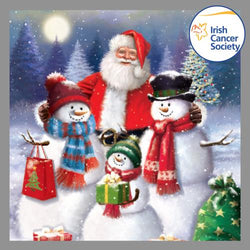 Charity Christmas Card (In Irish & English) - Box of 12 / Irish Cancer Society ICS - Santa Snowmen Family