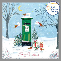 Charity Christmas Card (In Irish & English) - Box of 12 / Irish Cancer Society ICS - Gifts Green Postbox Robin