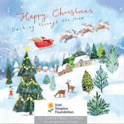 Charity Christmas Card (In Irish & English) - Box of 12 / Irish Hospice Society IHS & Flying Sledge Santa