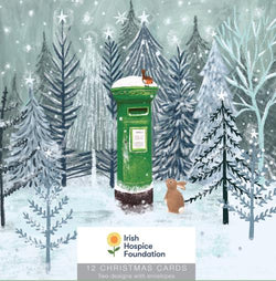 Charity Christmas Card (In Irish & English) - Box of 12 / Irish Hospice Society IHS & Hare Green Postbox In Snow