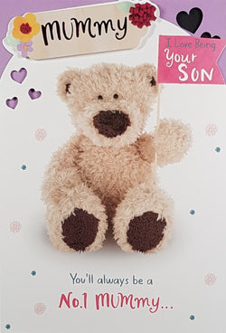 From Your Son Mothers Day Card - Fluffy Teddy Bear Holding Flag