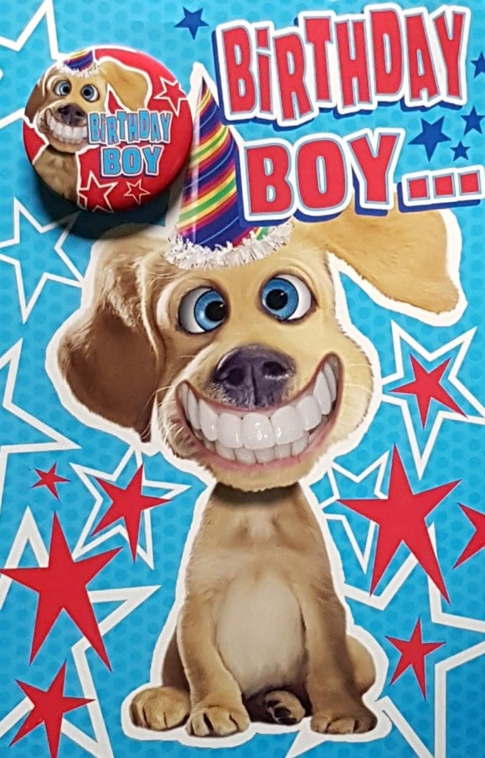 Birthday Card - A Dog With A Big Smile & A Birthday Boy Badge