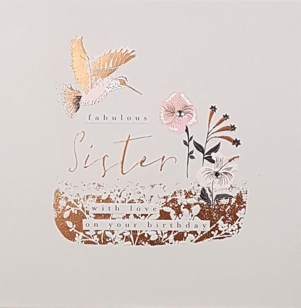Birthday Card - Sister / A Pink Bird And Flowers With A Gold Motive