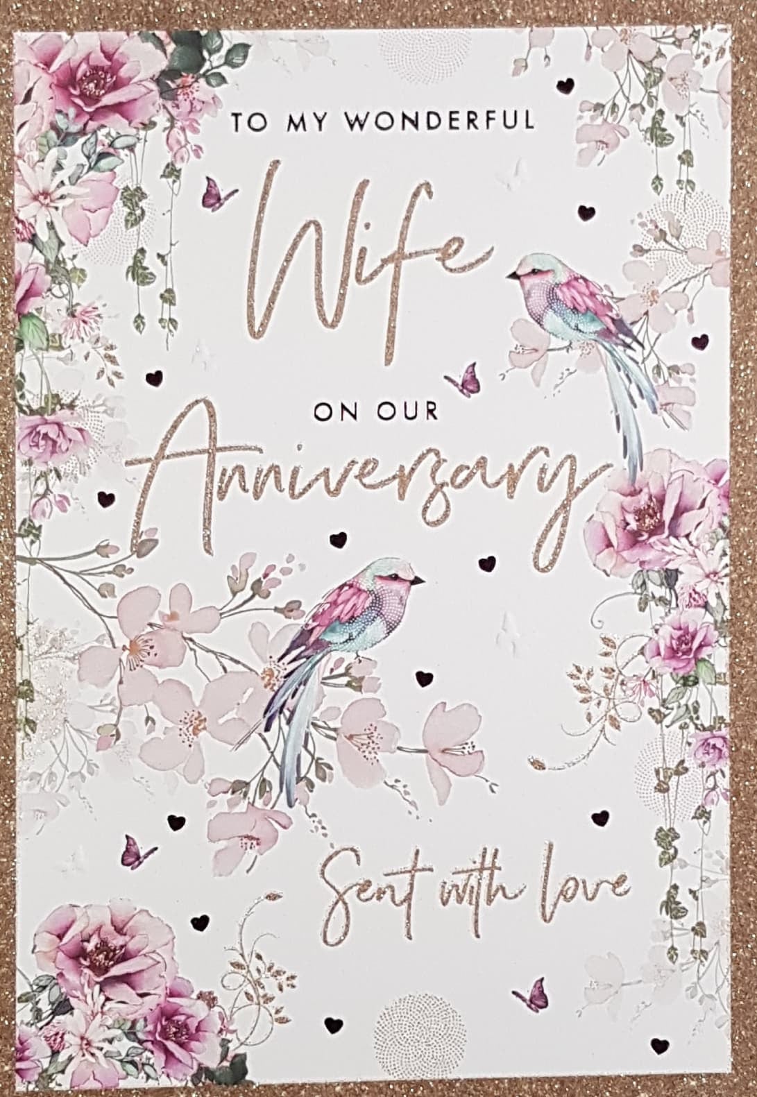 Anniversary Card - Wife / Pink Birds & A Pink Floral Border