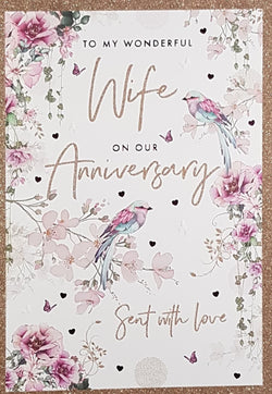 Anniversary Card - Wife / Pink Birds & A Pink Floral Border