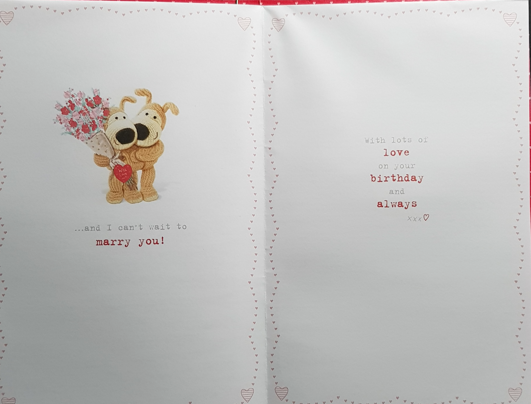 Birthday Card - Fiancee / A Cute Dog Holding Pink Flowers & A Gold Ribbon