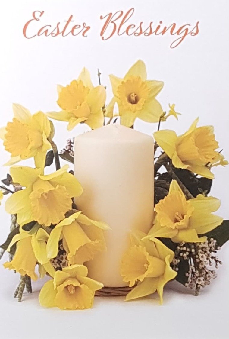 Easter Card - Easter Blessings / A White Candle With Daffodils