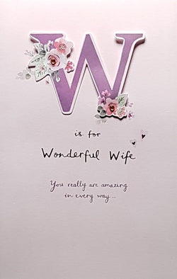 Birthday Card - Wife / Wonderful Wife, Purple 'W' & Flowers