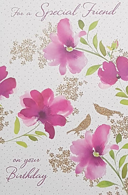 Birthday Card - Special Friend / Pink Flowers With Grean Leaves