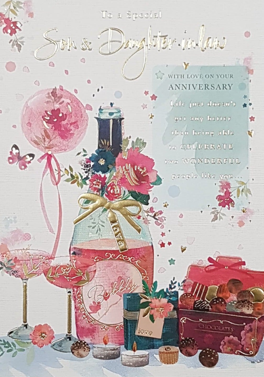 Engagement Card - On Your Engagement / A Bottle Of Pink Bubbly, Candles, A Pink Balloon