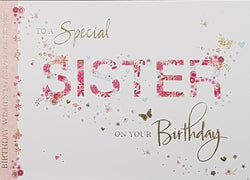Birthday Card - Sister / A Floral 'Sister' On A White Front