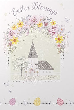 Easter Card - Easter Blessings / A White Church & A Pink Floral Branch