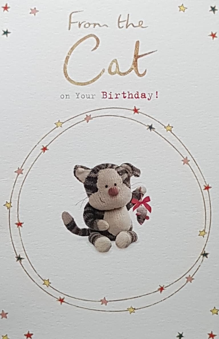 Birthday Card - From The Cat / A Cute Cat Holding A Mouse With A Red Ribbon