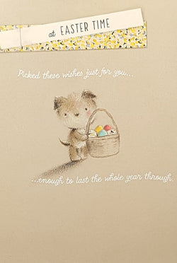 Easter Card - A Cute Dog Holding A Basket Of Colourful Eggs