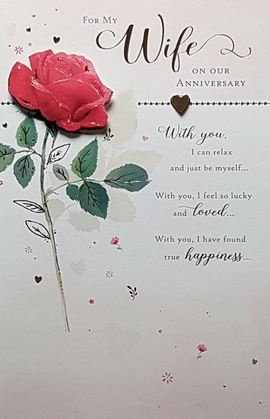 Anniversary Cards - Wife / A Pretty Red Rose & A Gold Heart