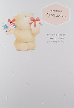 Mum Mothers Day Card - A Lovely Teddy Holding A Gift Box With A Red Ribbon