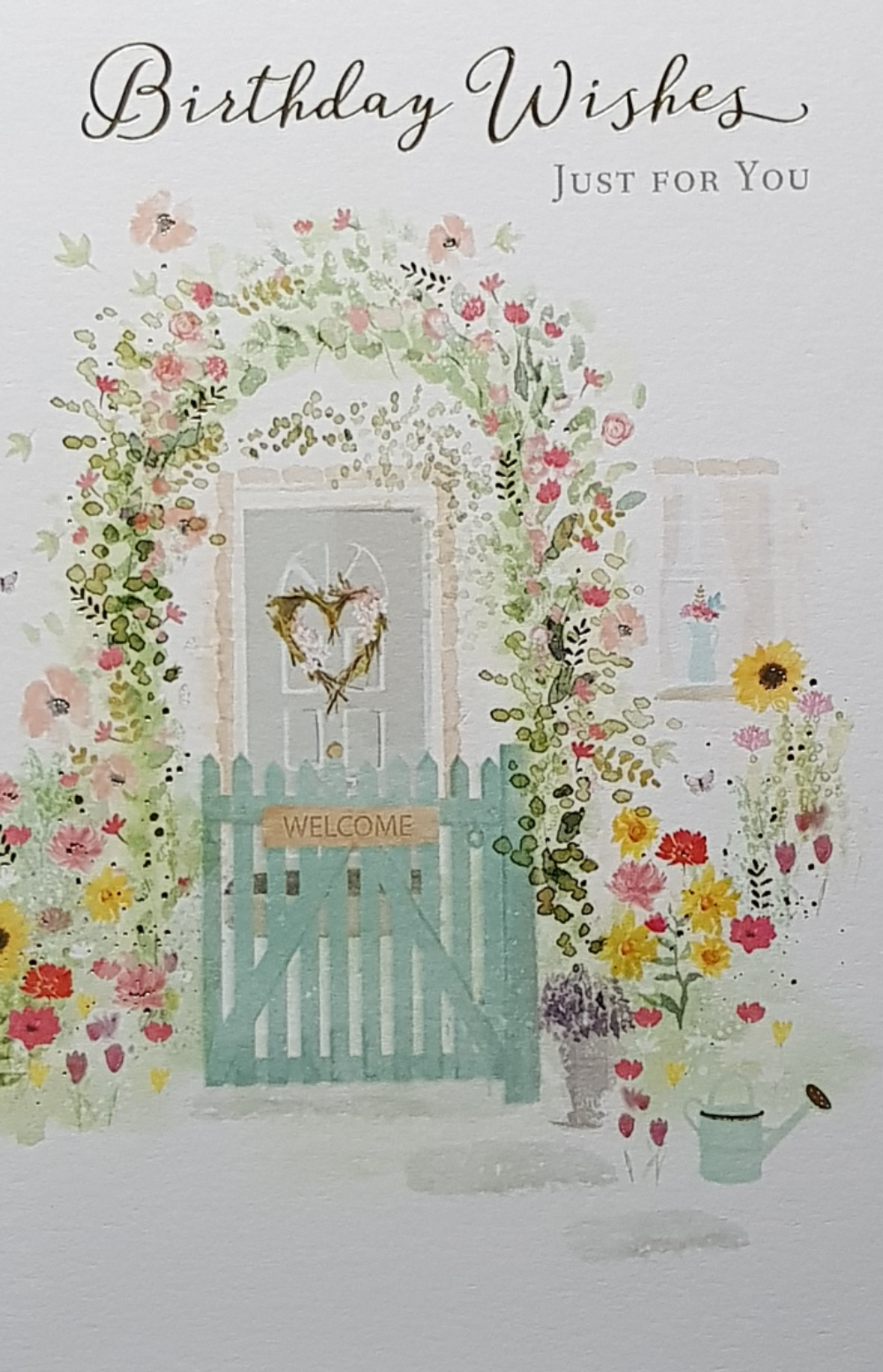 Birthday Card - General / Lovely Flowers & A Welcome Sign On A Green Gate