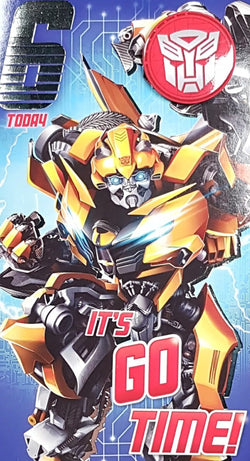 Age 6 Birthday Card - Yellow Transforming Robot (With Badge)