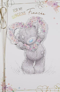 Birthday Card - Fiancee / Teddy Bear Holding Up A Heart Made Of Flowers