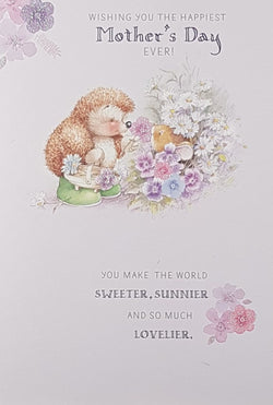 General Mothers Day Card - Cute Hedgehog Holding Flower Basket