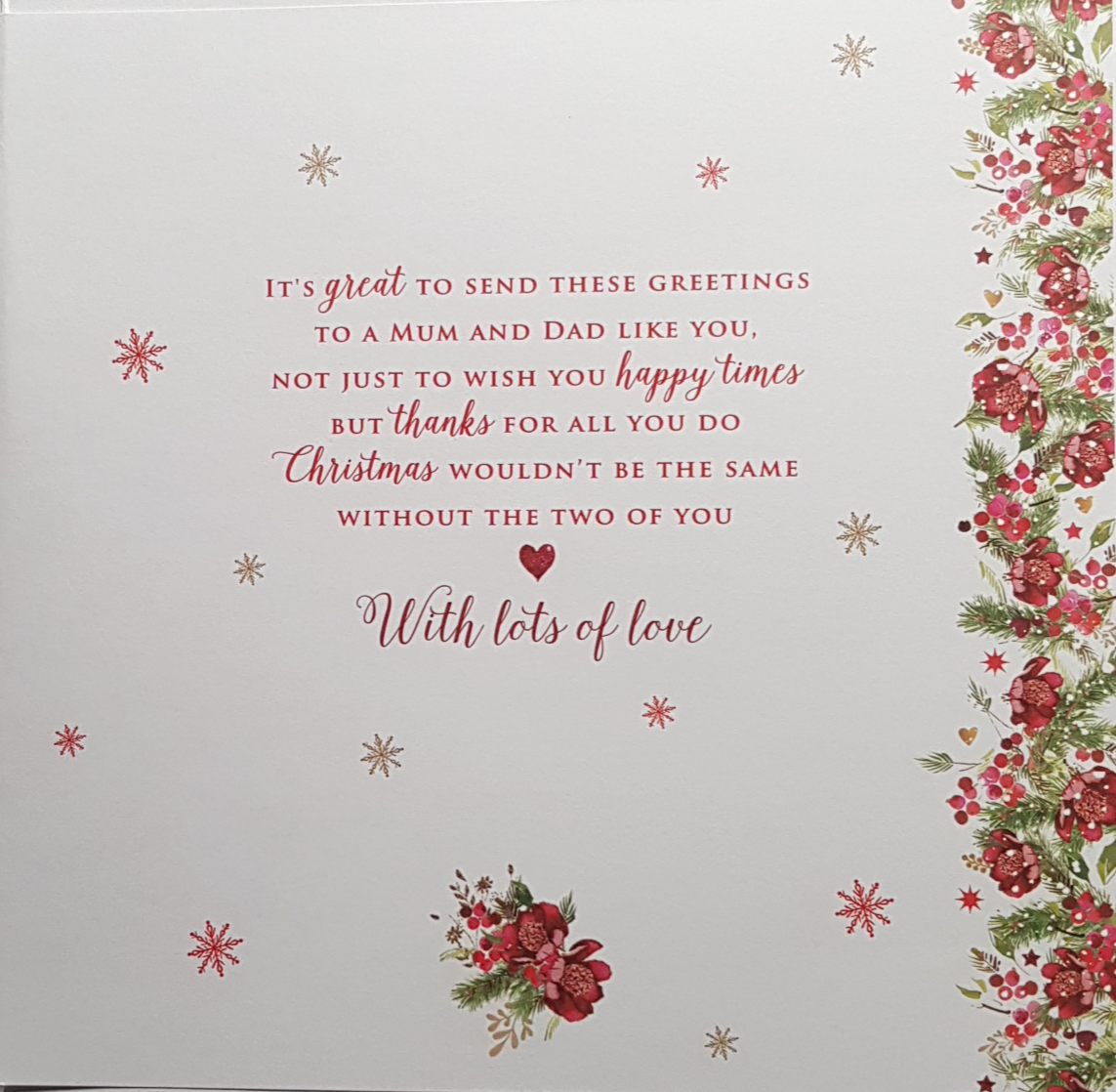 Christmas Card - Mum & Dad/ Decorated Christmas Tree & Sparkly Red Border