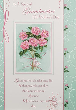 Grandmother Mothers Day Card - Six Pink Flowers In A Green Frame