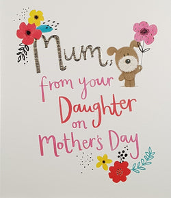 Mum Mothers Day Card - Cute Teddy Holding Pink Flower