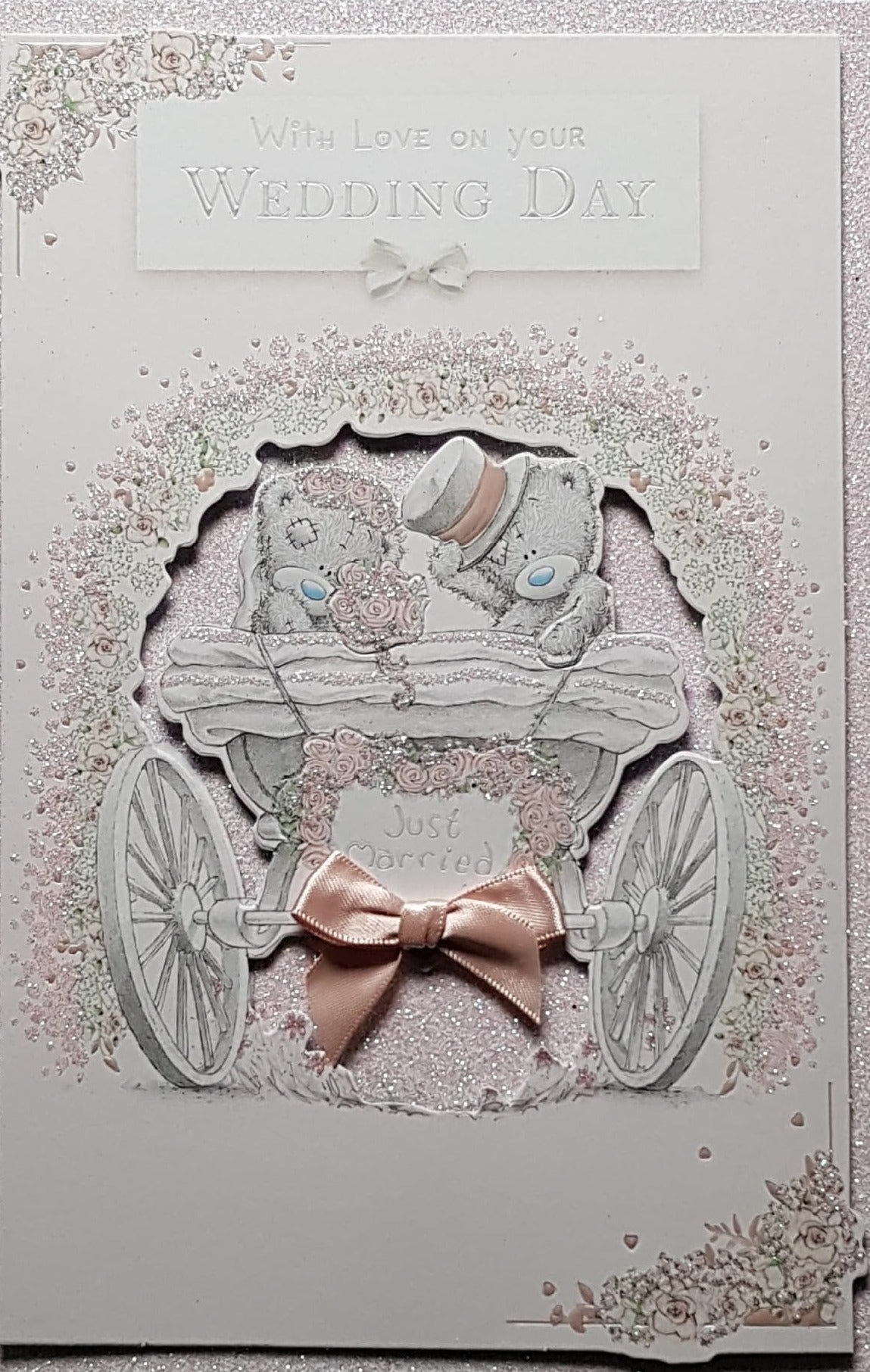 Wedding Card - A Teddy Couple In A Sparkly Carriage & 'Just Married'