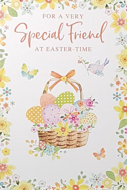 Easter Card - Special Friend / A Basket Of Colorfull Eggs In A Yellow Floral Frame