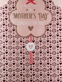 Especially For You Mothers Day Card - A Pink Floral Front & Gold Glitter (Shaped)