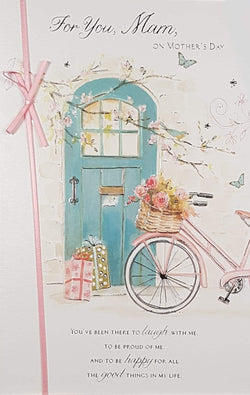 Mam Mothers Day Card - Pink Bike Parked In Front Of Big Blue Door & Pink Ribbon