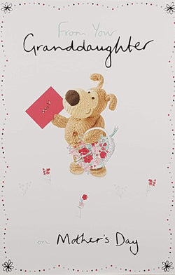 From Your Granddaughter Mothers Day Card - A Happy Dog Has A Red Envelope & A Basket Full Of Flower