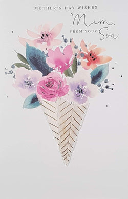Mum From Son Mothers Day Card - Flower Bouquet With Pink Lavender Flowers
