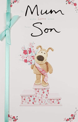 Mum From Son Mothers Day Card - Stuffed Dog With Flowers On Cute Decorated Podium