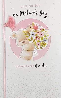 Just For You Mothers Day Card - Cute Bear With Bouquet