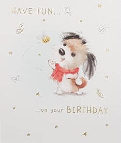 Birthday Card - A Cute Puppy Playing With A Bumble Bee