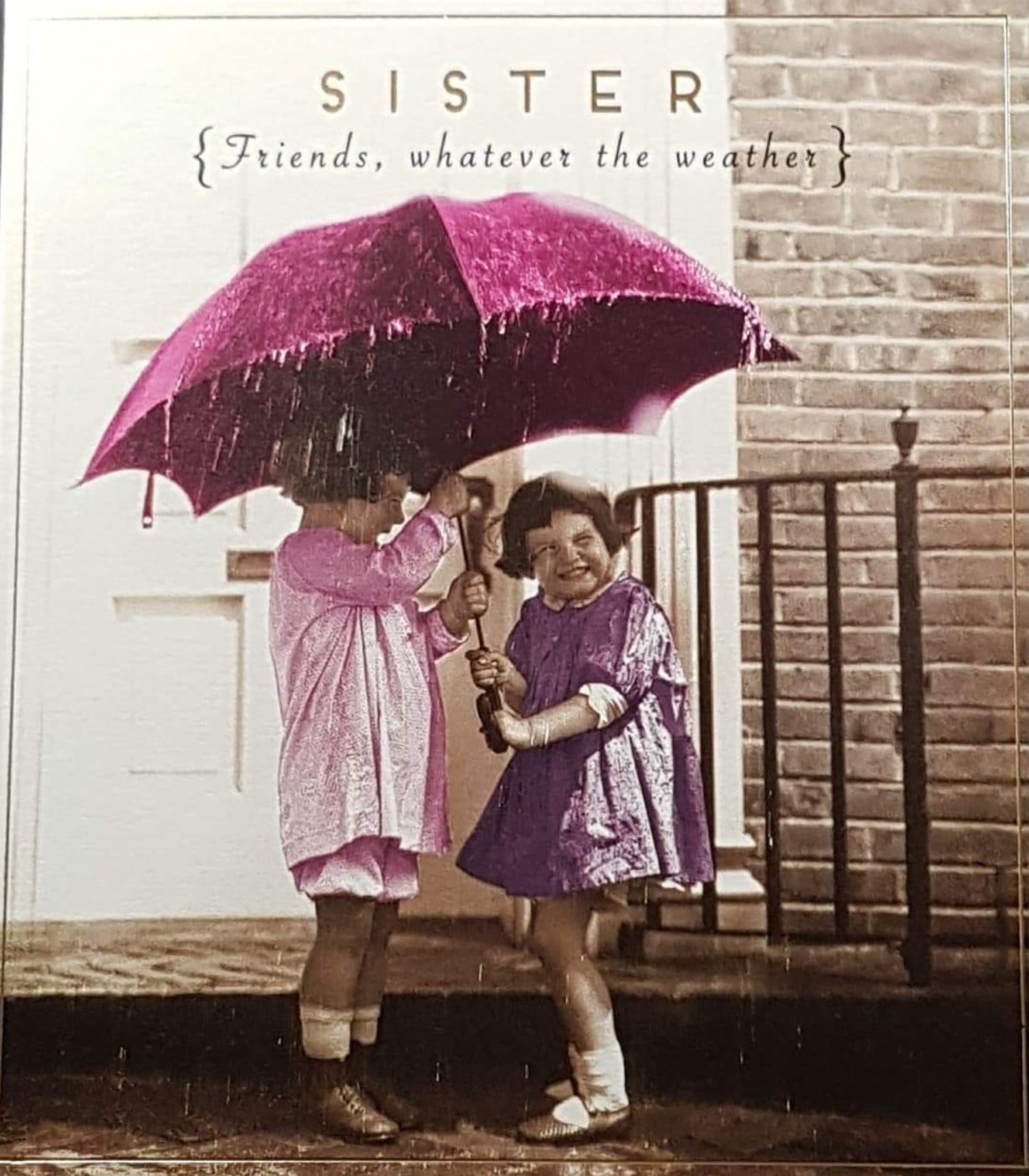 Birthday Card - Sister / Two Girls Under The Big Purple Umbrella