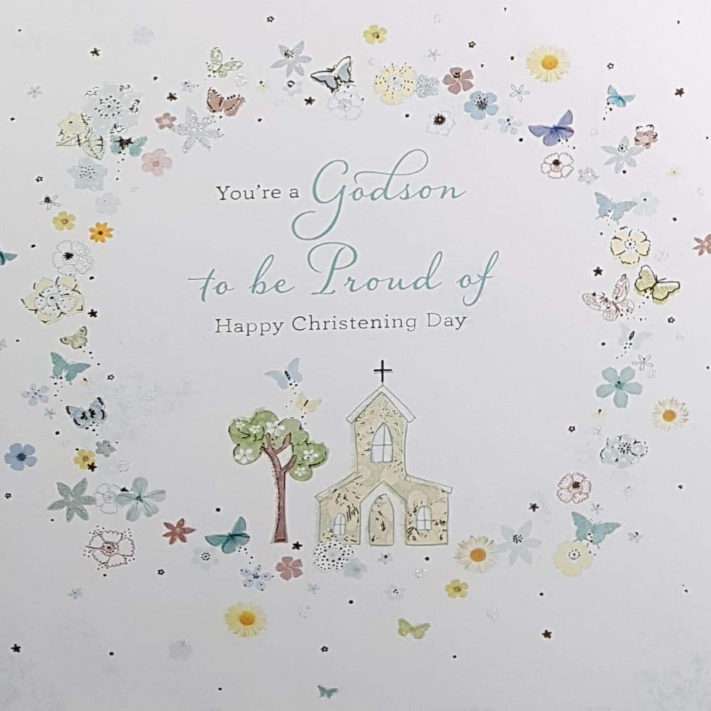 Christening Card - Godson / Butterflies Flying In Circle
