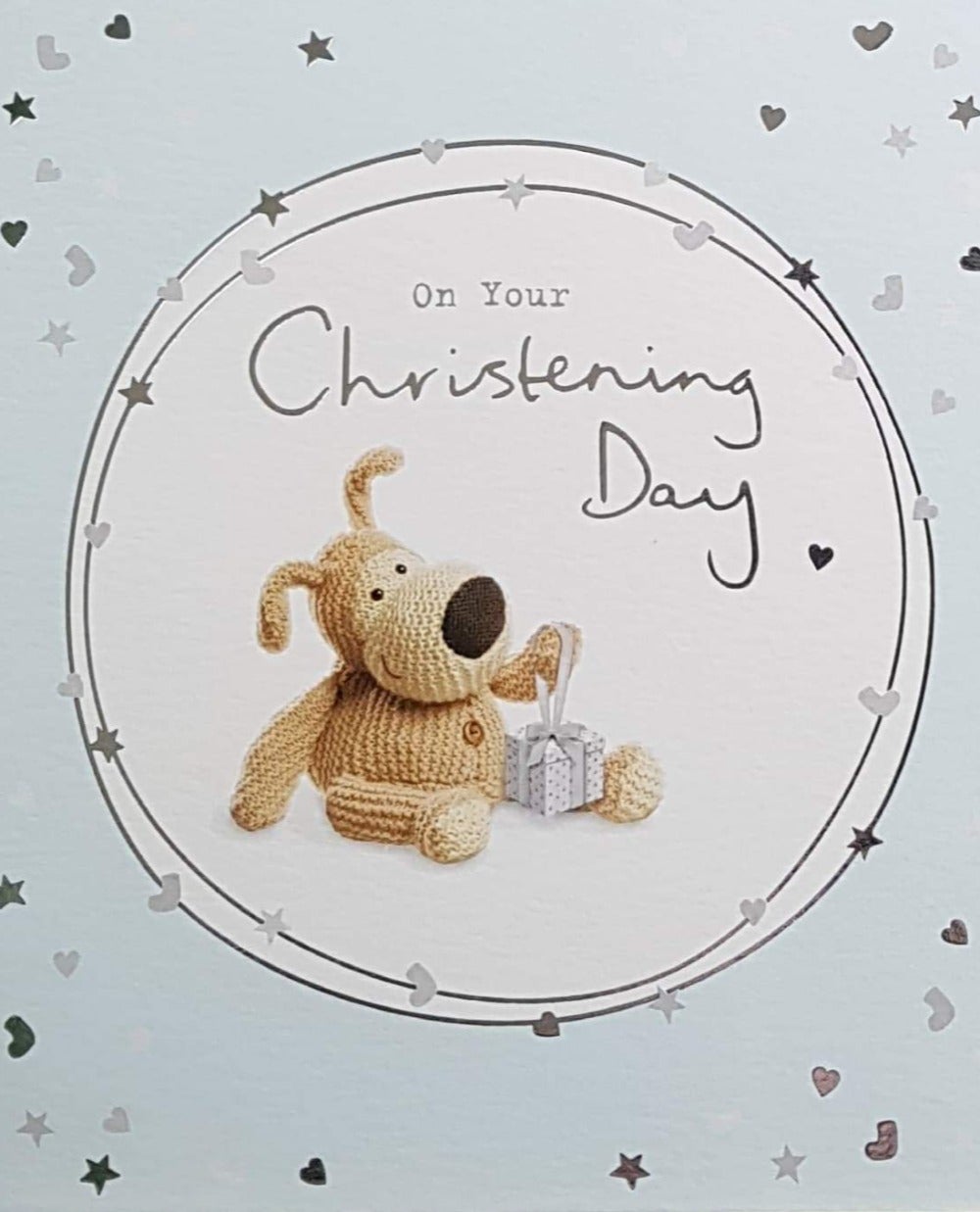 Christening Card - General / Cute Dog Opening The White And Silver Wrapped Gift