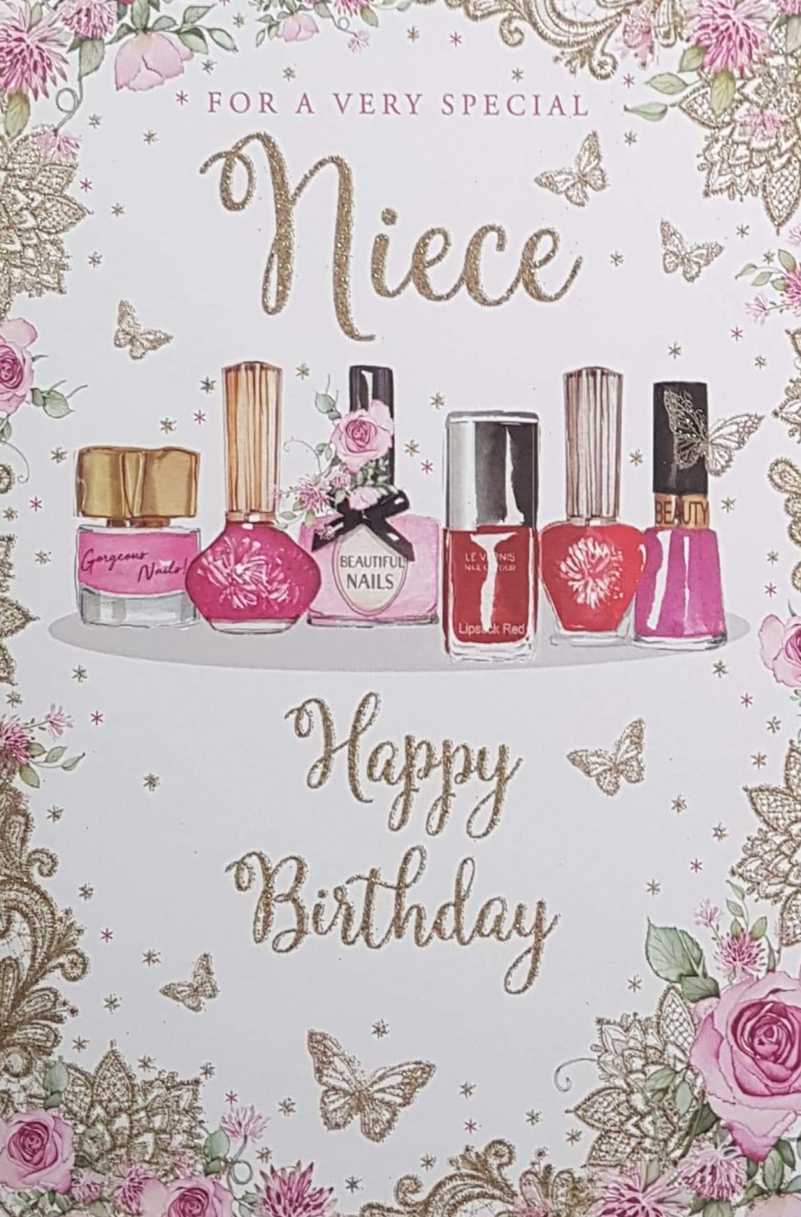 Birthday Card - Niece / Floral Frame & 'Beautiful Nails' Set