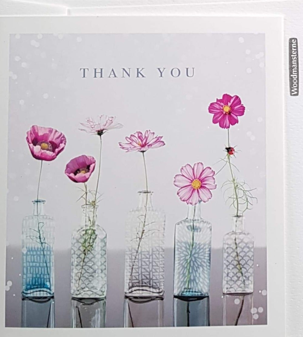 Thank You Card - Five Vasas With Pinkish Flower In Each