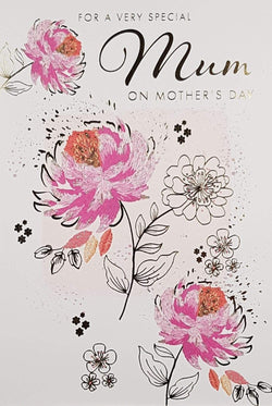 Mum Mothers Day Card - Pink And Line Art Flowers