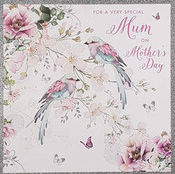 Mum Mothers Day Card - Birds Sitting On Branch Of Flowers
