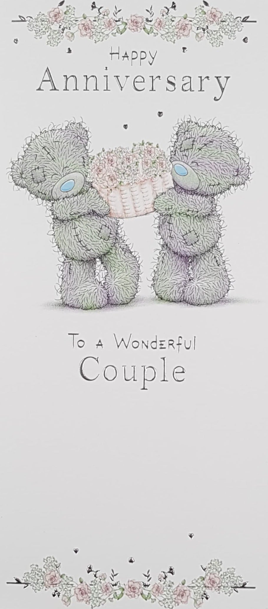 Anniversary Card - Wonderful Couple / Two Teddies Holding A Basket Of Flowers